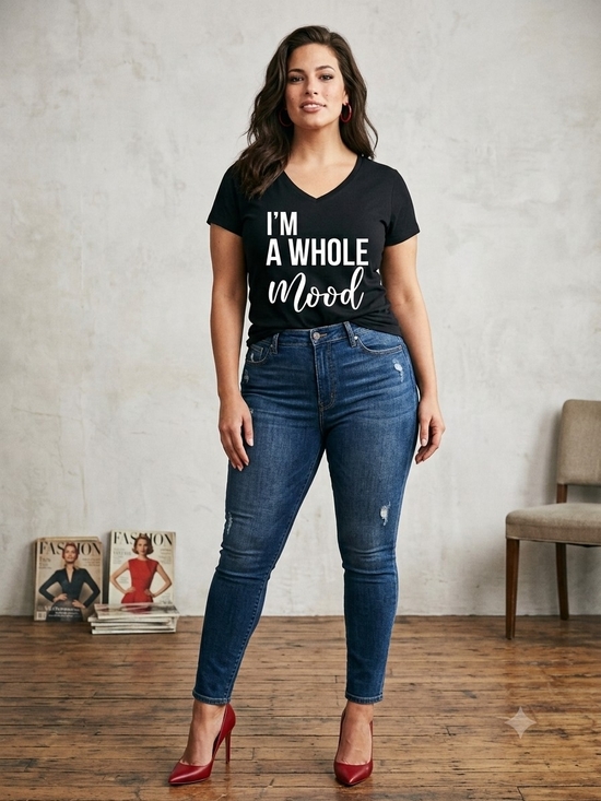 Hand Crafted Tops - Hand Crafted Black Short Sleeve V-Neck Tee with White "I'm A Whole Mood" Print